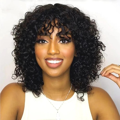 

Water Wave Human Hair Wigs With Bangs Full Machine Made Jerry Curly Short Human Hair Wigs For Women Remy Pixie Cut Bob Wig