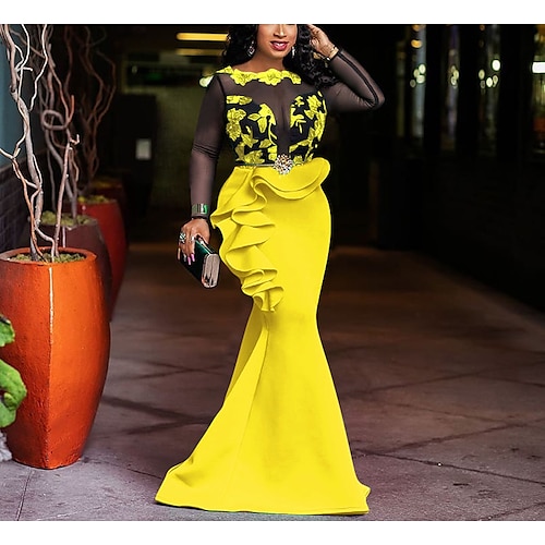 

vestido de festa feminino vestido bainha vestido longo vestido maxi amarelo vermelho branco manga longa renda floral inverno outono outono gola redonda vestido de inverno moderno vestido de outono
