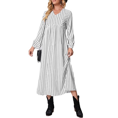 

Women's Shift Dress Maxi long Dress White Long Sleeve Striped Print Fall Spring V Neck Casual 2022 S M L XL XXL