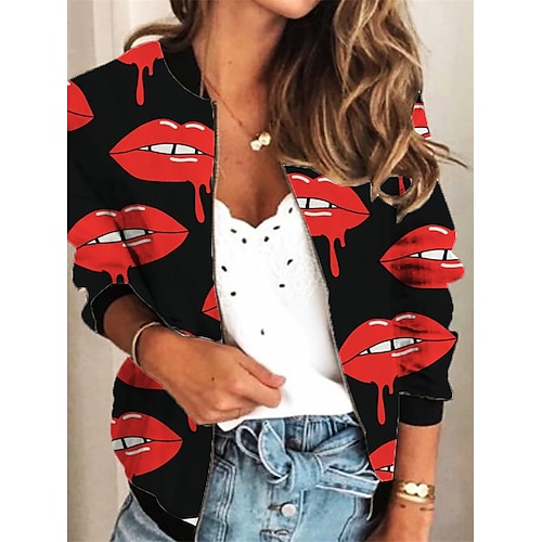 

Women's Bomber Jacket Varsity Jacket Outdoor Daily Holiday Spring Fall Regular Coat Stand Collar Regular Fit Breathable Active Sporty Casual Jacket Long Sleeve 3D Print Lip Print Full Zip Print Red