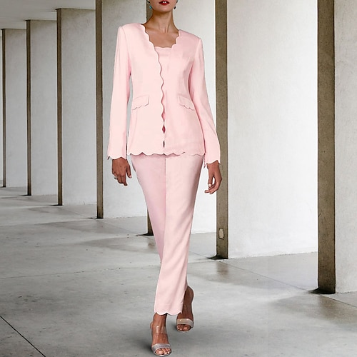 

Pantsuit 3 Piece Suit Mother of the Bride Dress Elegant Wrap Included Spaghetti Strap Scoop Neck Ankle Length Stretch Fabric Sleeveless with Ruffles 2022