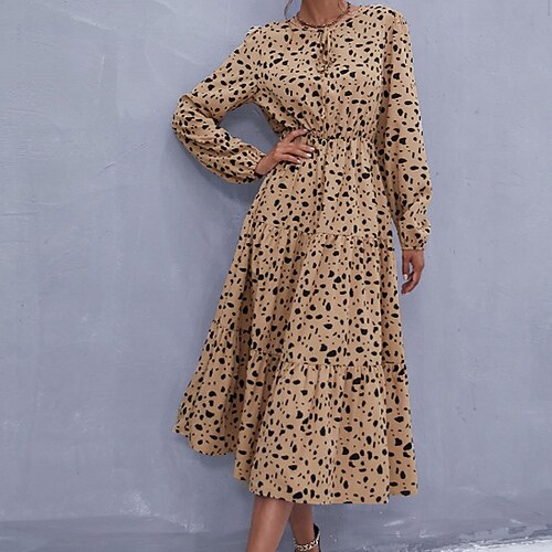

Women's Swing Dress Midi Dress Khaki Long Sleeve Leopard Ruched Spring Summer Round Neck Casual 2022 S M L XL