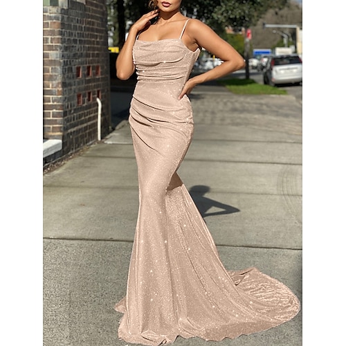 

Mermaid / Trumpet Evening Dresses Sexy Dress Prom Court Train Sleeveless Spaghetti Strap Sequined with Ruched Sequin 2022 / Sparkle & Shine