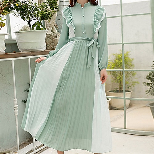 

Women's A Line Dress Maxi long Dress Green Long Sleeve Pure Color Lace up Pleated Ruffle Fall Spring Stand Collar Elegant Vintage 2022 S M L XL