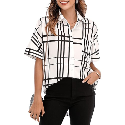

Women's Blouse Striped Plaid Daily Weekend Blouse Shirt Short Sleeve Pocket Button Print Shirt Collar Casual Streetwear Green White Pink S / 3D Print