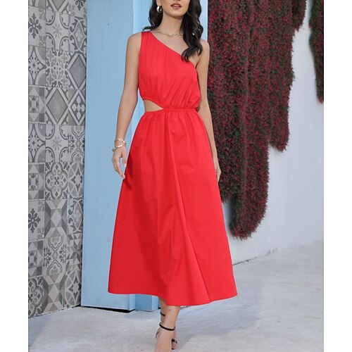 

Women's A Line Dress Maxi long Dress Red Sleeveless Pure Color Backless Patchwork Cold Shoulder Summer One Shoulder Party Elegant Fashion 2022 S M L XL
