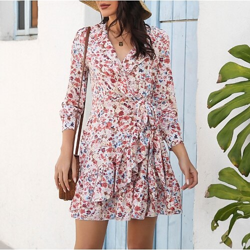 

Women's Sheath Dress Short Mini Dress Pink 3/4 Length Sleeve Floral Patchwork Print Fall Spring V Neck Casual Fashion Modern 2022 S M L XL