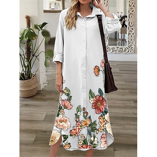 

Women's Shift Dress Midi Dress White Blue 3/4 Length Sleeve Floral Button Print Fall Spring Shirt Collar Casual Fashion 2022 S M L XL XXL 3XL