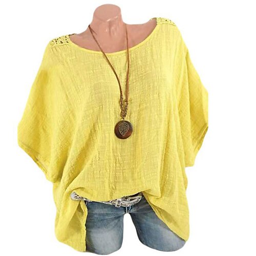 

Women's Plus Size Tops Blouse Shirt Plain Patchwork Short Sleeve Crewneck Streetwear Daily Going out Polyester Fall Spring Green Yellow