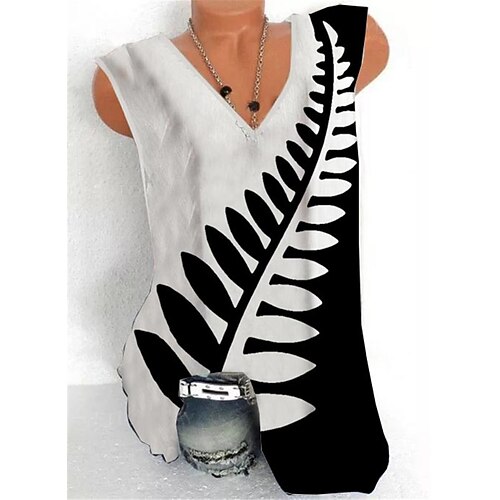 

Women's Plus Size Tops Tank Top Leaf Zipper Print Sleeveless V Neck Streetwear Daily Holiday Cotton Spandex Jersey Spring Summer White