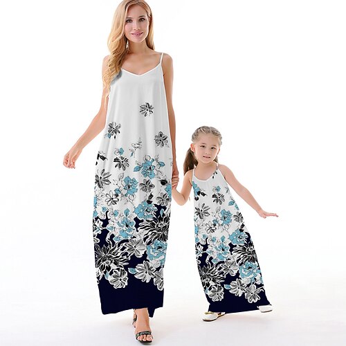 

Mommy and Me Dresses Floral Causal Backless White Sleeveless Maxi Strap Dress Active Matching Outfits
