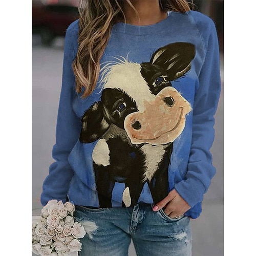 

Women's Sweatshirt Pullover Cow Animal Print Daily Sports 3D Print Active Streetwear Hoodies Sweatshirts Blue