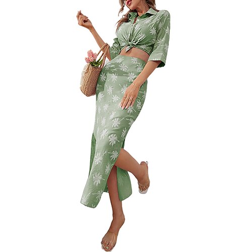 

Women's Two Piece Dress Maxi long Dress Green Black Blue Purple Light Green Light Brown Orange 3/4 Length Sleeve Floral Print Fall Spring Shirt Collar Stylish Modern 2022 S M L XL