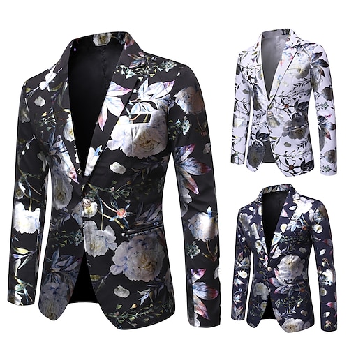 

Men's Blazer Cocktail Attire Quick Dry Party Single Breasted One-button Shawl Collar Business Jacket Print Print White Black Navy Blue / Winter / Fall