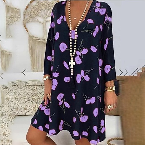 

Women's Shift Dress Short Mini Dress Blue Purple Long Sleeve Floral Print Spring Summer V Neck Casual 2022 S M L XL XXL 3XL 4XL 5XL