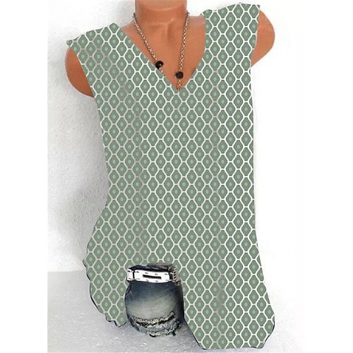 

Women's Plus Size Tops Tank Top Geometry Zipper Print Sleeveless V Neck Streetwear Daily Holiday Cotton Spandex Jersey Spring Summer Green