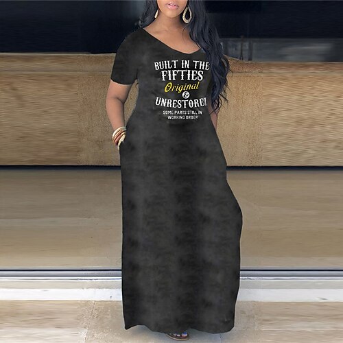 

Women's Plus Size Curve Shift Dress Letter V Neck Short Sleeve Spring Summer Casual Maxi long Dress Causal Daily Dress