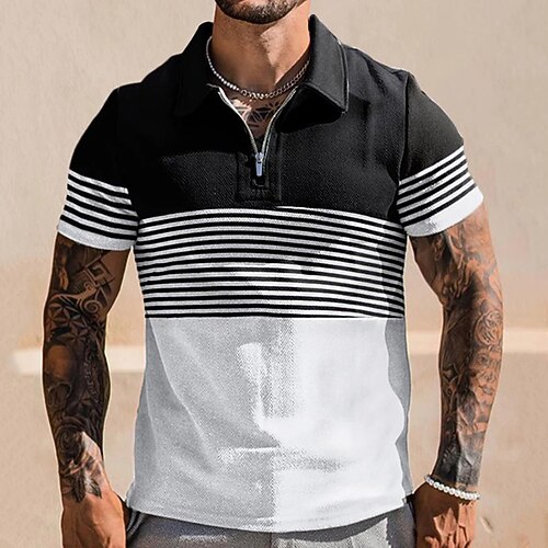

Men's Collar Polo Shirt Golf Shirt Striped Turndown Black / White 3D Print Street Daily Short Sleeve Zipper 3D Clothing Apparel Fashion Casual Breathable Comfortable / Beach