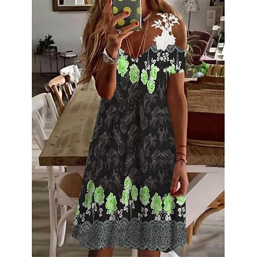 

Women's A Line Dress Knee Length Dress Green Blue Purple Light Green Fuchsia Short Sleeve Floral Lace Cold Shoulder Print Spring Summer V Neck Casual Vacation 2022 S M L XL XXL 3XL