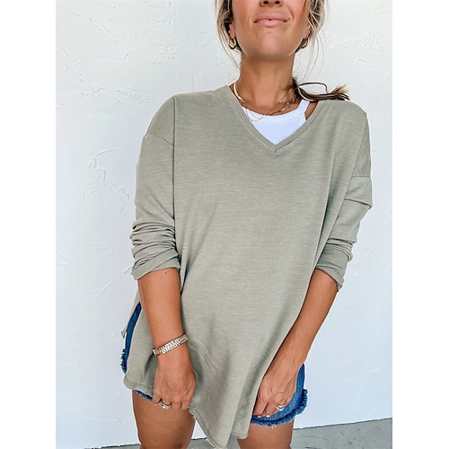 

Women's Shirt Plain Daily Weekend Shirt Long Sleeve V Neck Casual Streetwear Green S