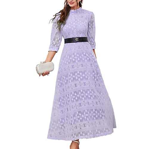 

Women's A Line Dress Maxi long Dress Green Blue Purple Dark Blue Half Sleeve Print Geometric Lace Button Spring Summer Stand Collar Elegant Fashion 2022 S M L XL