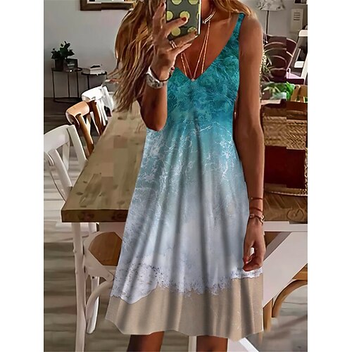 

Women's Shift Dress Short Mini Dress Blue Sleeveless Color Gradient Print Spring Summer Spaghetti Strap Casual Vacation 2022 S M L XL XXL 3XL