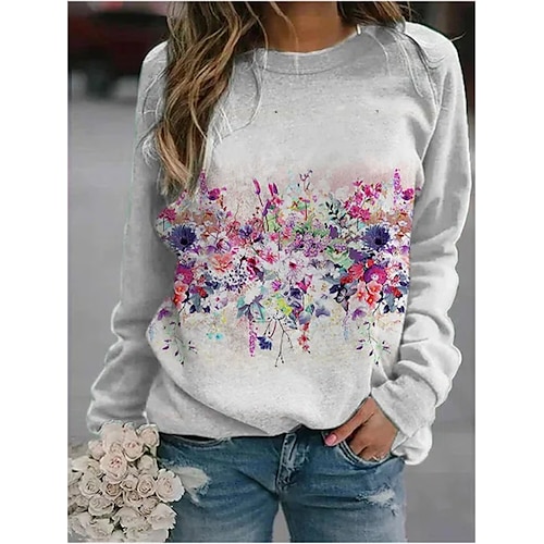 

Women's Sweatshirt Flower Patchwork Print Daily Sports Holiday 3D Print Sportswear Casual Sweatshirts Gray