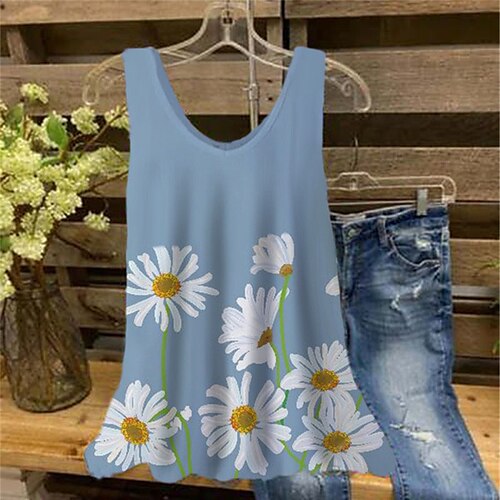 

Women's Plus Size Tops Tank Top Floral Print Sleeveless V Neck Streetwear Daily Holiday Cotton Spandex Jersey Spring Summer Blue