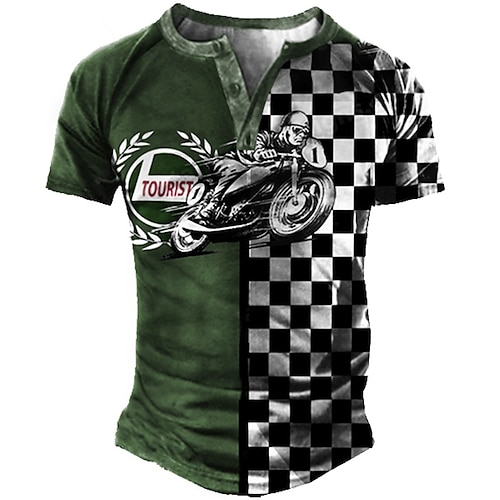 

Men's T shirt Tee Henley Shirt Tee Graphic Tartan Motorcycle Henley Green 3D Print Plus Size Outdoor Daily Short Sleeve Patchwork Button-Down Clothing Apparel Basic Designer Casual Classic / Summer