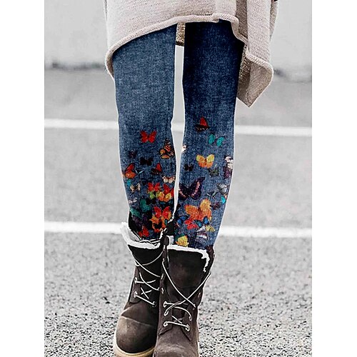 

Women's Tights Leggings Black / White Blue Light Blue Mid Waist Casual / Sporty Athleisure Weekend Yoga Print Stretchy Full Length Comfort Butterfly S M L XL XXL / Slim