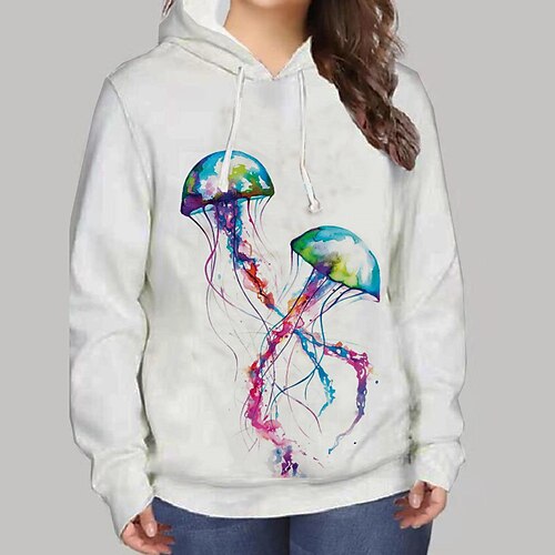 

Women's Plus Size Tops Hoodie Sweatshirt Floral Print Long Sleeve Hooded Streetwear Daily Vacation Polyester Fall Winter White