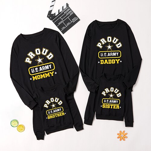 

Family Look Sweatshirt Graphic Patterned Star Letter Daily Print Black Long Sleeve Casual Matching Outfits