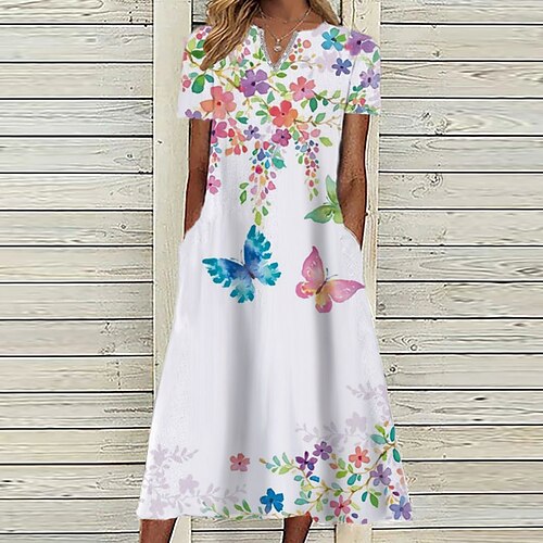 

Women's A Line Dress Midi Dress White Short Sleeve Floral Butterfly Animal Pocket Print Spring Summer V Neck Casual Vacation 2022 S M L XL XXL 3XL