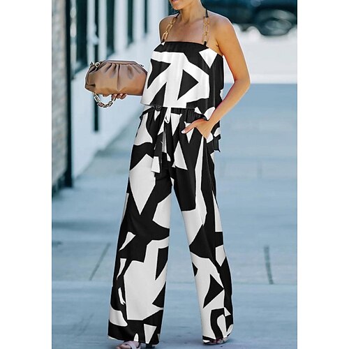 

Women's Jumpsuit Print Halter Neck Elegant Daily Holiday Straight Regular Fit Sleeveless Black S M L Spring