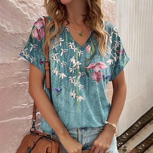 

Women's Floral Holiday Weekend Floral Painting T shirt Tee Short Sleeve Print V Neck Basic Essential Tops Green S / 3D Print