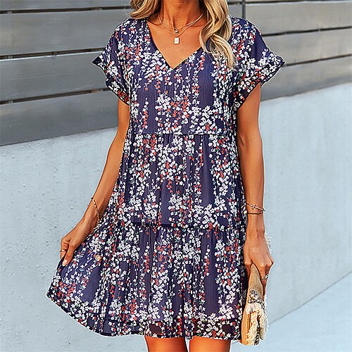 

Women's Casual Dress Floral Dress Mini Dress Purple Red White Short Sleeve Floral Ruched Spring Summer V Neck Loose Fit 2022 S M L XL