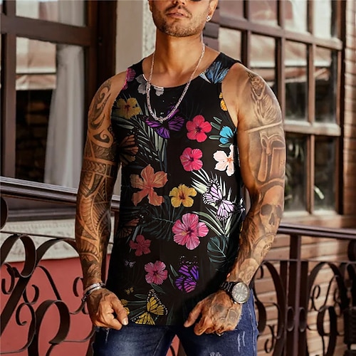 

Men's Tank Top Vest 3D Print Floral Graphic Prints Crew Neck Daily Sports Print Sleeveless Tops Designer Fashion Classic Comfortable Black / Summer