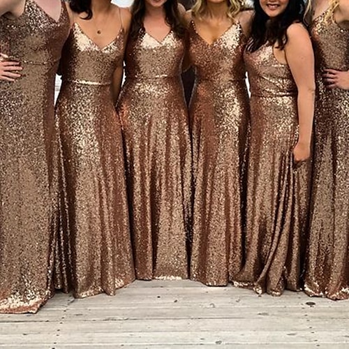 

A-Line Bridesmaid Dress V Neck / Spaghetti Strap Sleeveless Sexy Floor Length Sequined with Sequin 2022