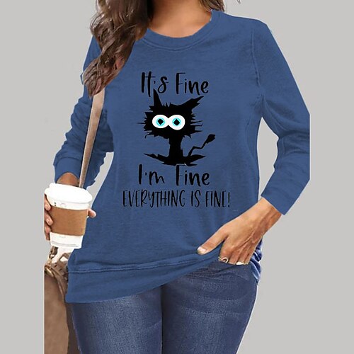 

Women's Plus Size Tops Pullover Sweatshirt Hoodie Sweatshirt Animal Cat Print Long Sleeve Crewneck Streetwear Daily Vacation Microfiber Fall Winter Blue