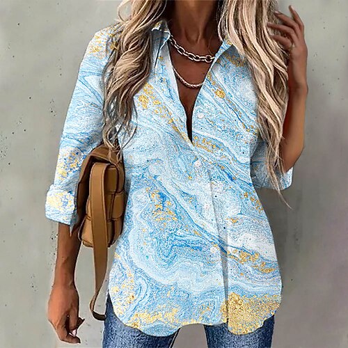 

Women's Blouse Graphic Patterned Abstract Daily Weekend Blouse Shirt Long Sleeve Button Print Shirt Collar Casual Streetwear Green Blue Pink S / 3D Print