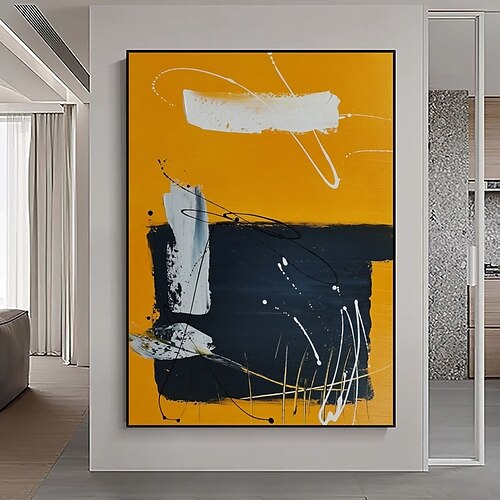 

Handmade Hand Painted Oil Painting Wall Black Yellow Abstract Painting Home Decoration Decor Rolled Canvas No Frame Unstretched