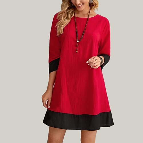 

Women's Casual Dress Shift Dress Mini Dress Red Half Sleeve Color Block Patchwork Fall Spring Autumn Crew Neck Mature Weekend Loose Fit 2022 S M L XL XXL