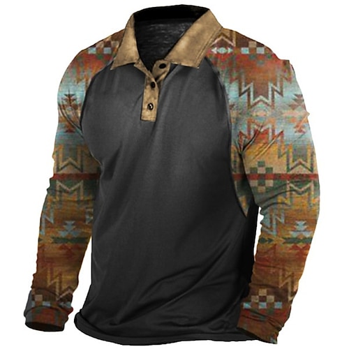 

Men's Collar Polo Shirt Golf Shirt Geometry Turndown Khaki 3D Print Outdoor Street Long Sleeve Button-Down Print Clothing Apparel Fashion Casual Breathable
