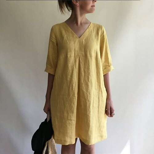 

Women's Pajamas Nightgown Dress Nighty Pure Color Comfort Home Daily Linen V Wire Half Sleeve Spring Summer Blue Yellow / Pjs