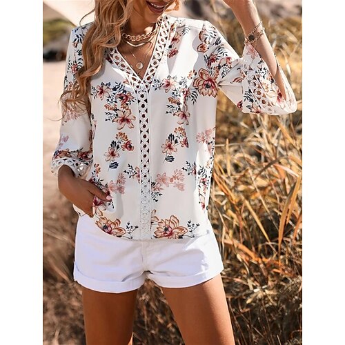 

Women's Blouse Shirt White Floral Cut Out Print 3/4 Length Sleeve Daily Weekend Streetwear Casual V Neck Regular S / 3D Print