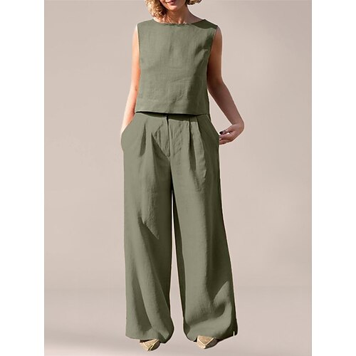 

Women's Loungewear Sets Nighty 2 Pieces Pure Color Retro Comfort Home Daily Cotton Crew Neck Sleeveless Pant Pocket Spring Summer Blue Army Green / Linen