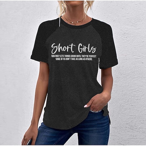 

Women's T shirt Tee Green Blue Red Text Print Short Sleeve Casual Weekend Basic Round Neck Regular Cotton Painting S