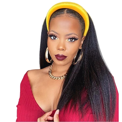 

Human Hair Wig Short Long Medium Length kinky Straight Yaki Straight With Headband Natural Black Adjustable African American Wig 100% Virgin Machine Made Capless Brazilian Hair All Natural Black #1B