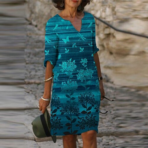 

Women's Shift Dress Knee Length Dress Blue Half Sleeve Floral Print Spring Summer V Neck Elegant Casual 2022 S M L XL XXL 3XL