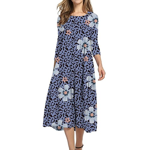 

Women's Shift Dress Midi Dress Blue 3/4 Length Sleeve Floral Leopard Animal Ruched Print Fall Spring Round Neck Casual Vacation 2022 S M L XL XXL 3XL
